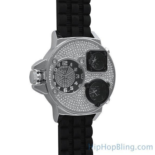 Silver Ice Triple Time Zone Rubber Watch