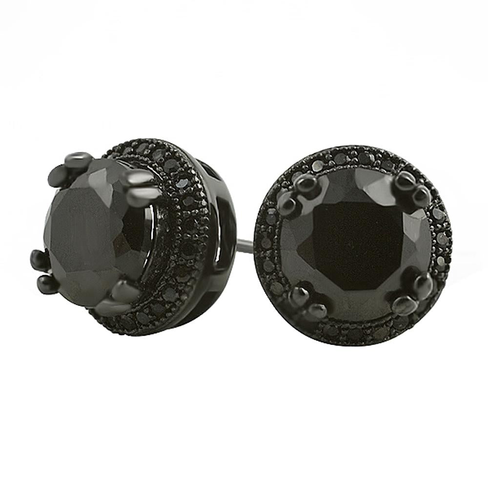 Pave Ice Border Black CZ Solitaire Bling Bling Earrings