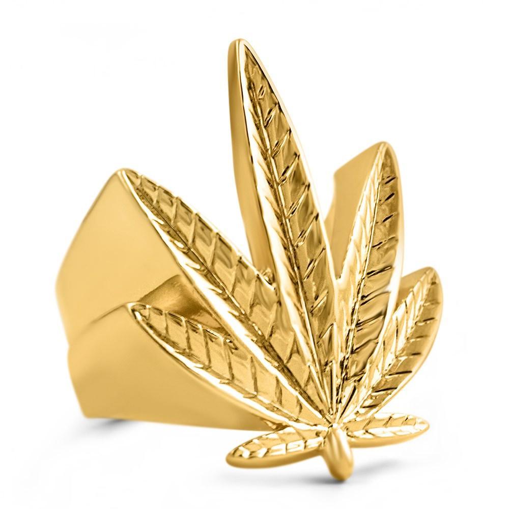 Marijuana Leaf Pot 420 Stoners Gold Ring