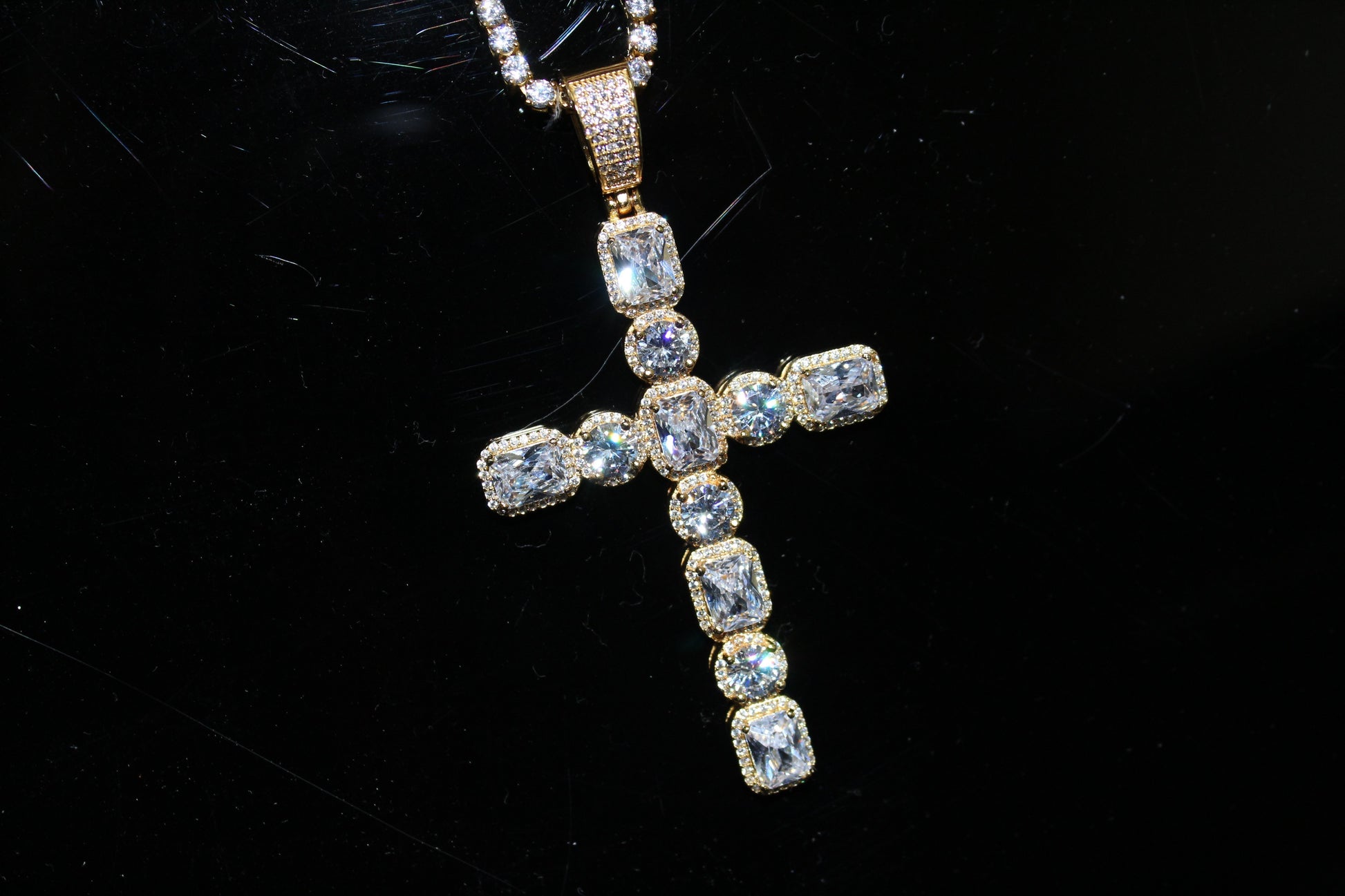 .925 Silver Emerald and Round Cut CZ Gold Cross