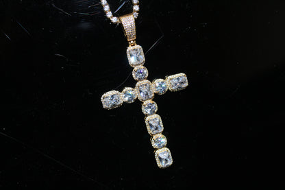 .925 Silver Emerald and Round Cut CZ Gold Cross