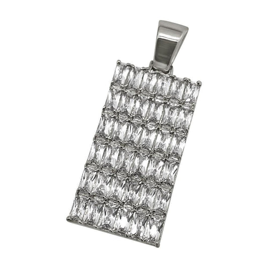 .925 Silver Baguette CZ Bling Bling Rhodium Dog Tag Pendant