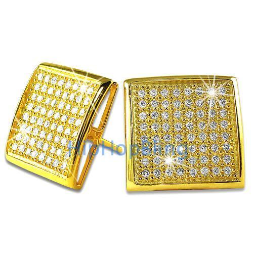 XXL Deep Dish Box Gold Vermeil CZ Bling Micro Pave Earrings .925 Silver