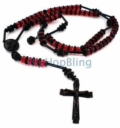 Raw Stone Red & Black Bling Bling Hip Hop Rosary Necklace