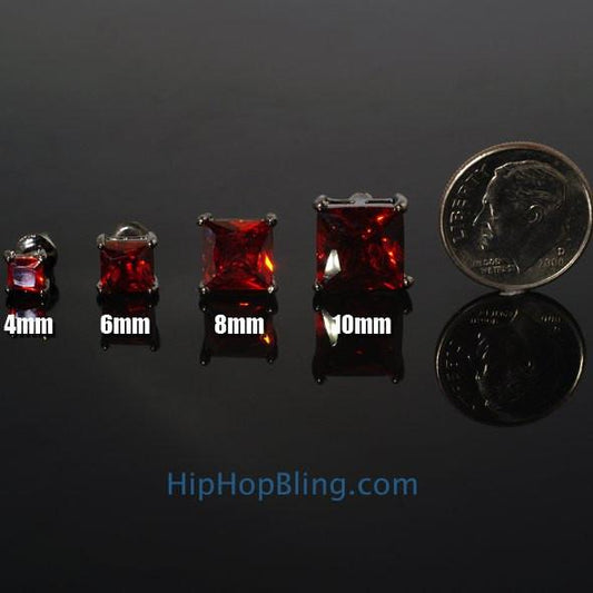 Red CZ Diamond Square Stud Earrings Black