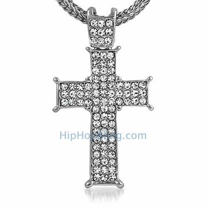 Rhodium Prong Cross Bling Bling & Chain Small